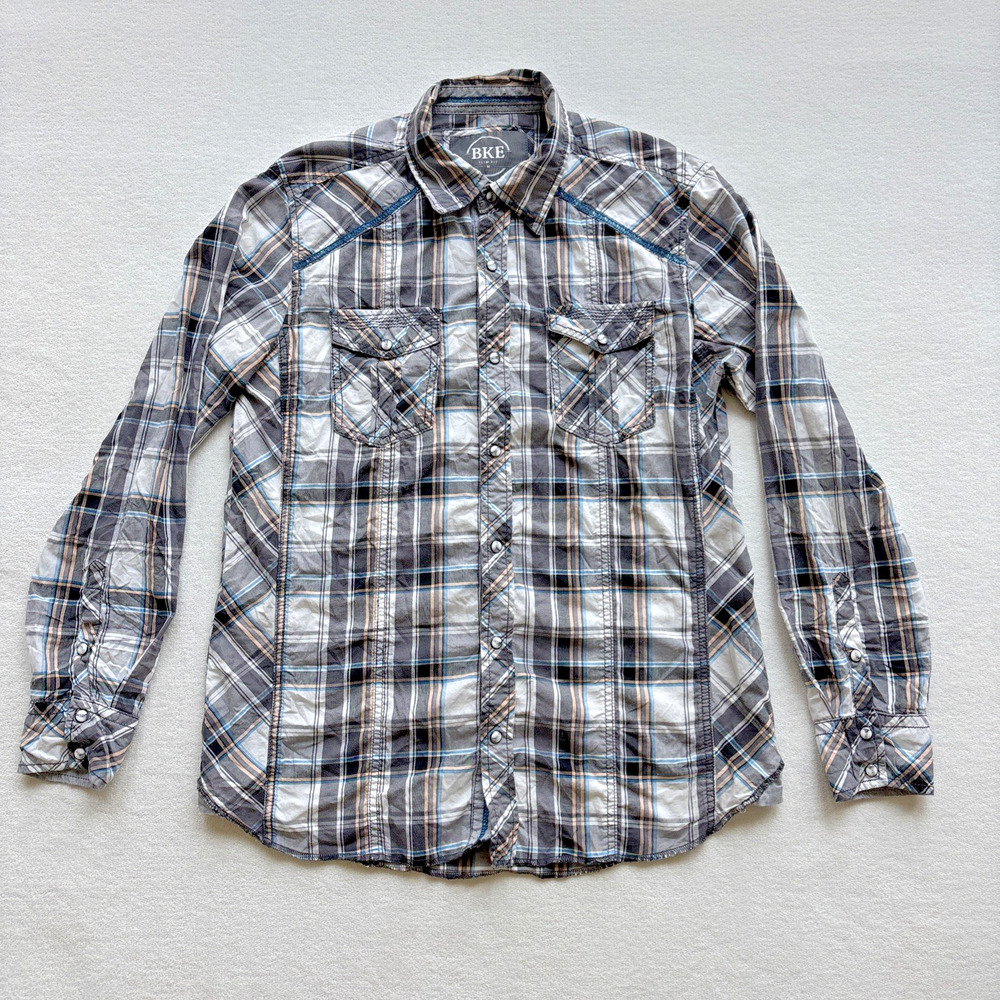BKE Plaid Pearl Snap Western Shirt Mens Medium Grey Slim Fit 11234FPW